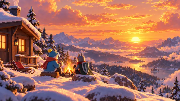 A small knight and a friend in a bobble hat share a campfire outside a snowy cabin at sunset.
