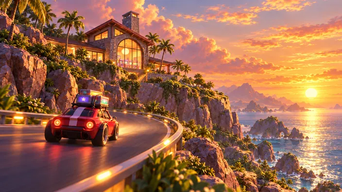 A little red car carrying game cartridges drives up a coast road at sunset to a glowing arcade house on a cliff.