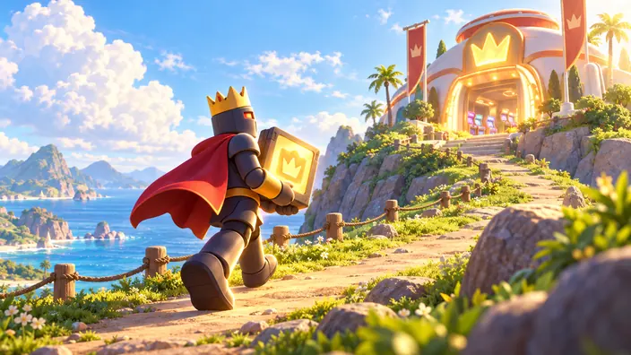 A crowned knight carries a glowing game cartridge up a sunny path to an arcade on a hill by the sea.