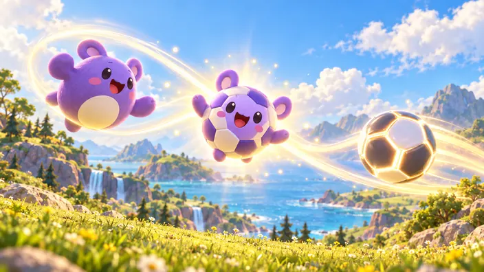 A purple creature and a glowing soccer ball spin together in a ribbon of light, and a new creature that mixes both pops out.