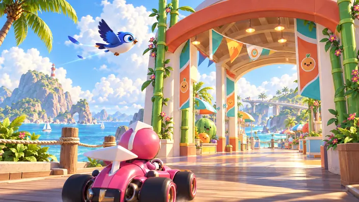 A blue bird and a pink race kart head for an open seaside arcade on a sunny boardwalk.