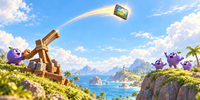 A wooden catapult tosses a glowing game cartridge across the sky to creatures waiting on a far hill.