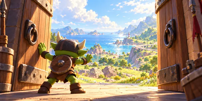 A little goblin in a horned helmet pushes open two big wooden doors onto sunny hills by the sea.