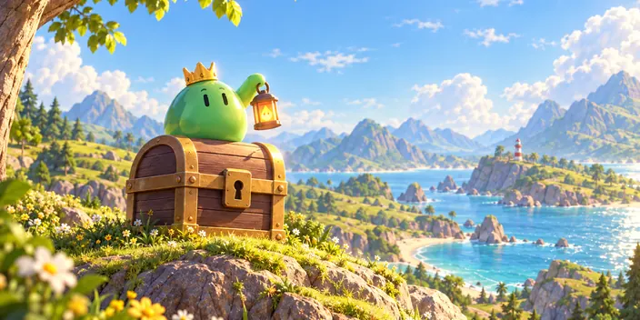 A small green slime holding a lantern guards a locked treasure chest in a meadow.
