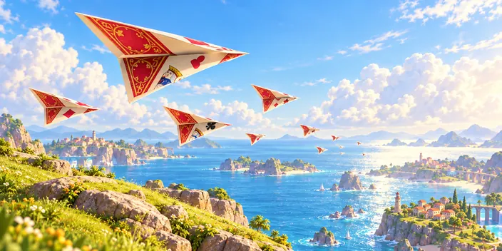 Paper planes folded from playing cards glide off a sea cliff toward faraway towns.